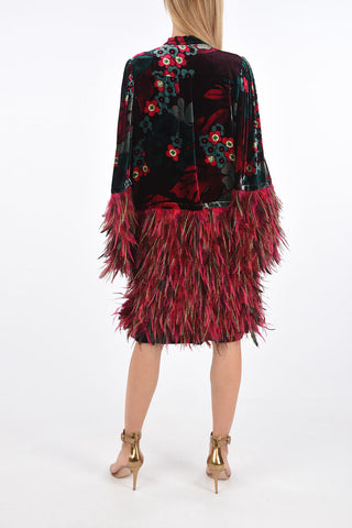 Floral Patterned Velvet Midi Dress with Feathered Bottom and Sleeves