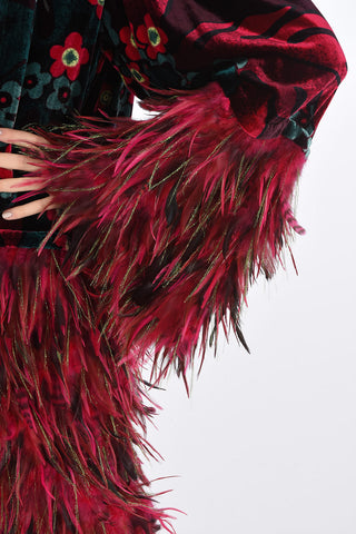 Floral Patterned Velvet Midi Dress with Feathered Bottom and Sleeves