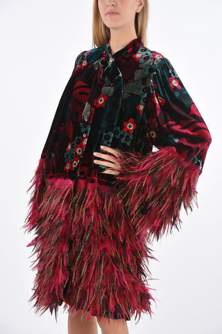 Floral Patterned Velvet Midi Dress with Feathered Bottom and Sleeves