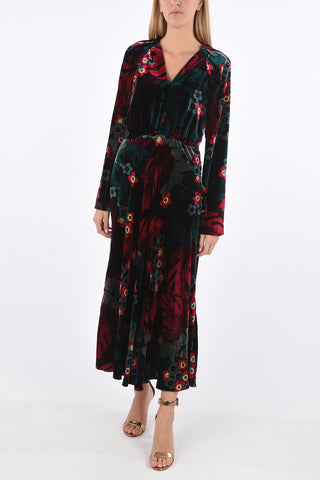 Floral Patterned Long Velvet Dress with V Neck