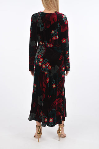 Floral Patterned Long Velvet Dress with V Neck