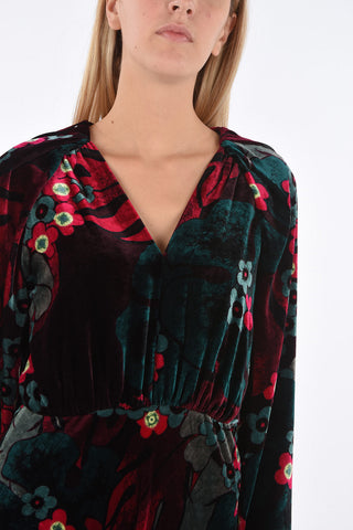 Floral Patterned Long Velvet Dress with V Neck