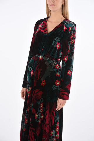 Floral Patterned Long Velvet Dress with V Neck