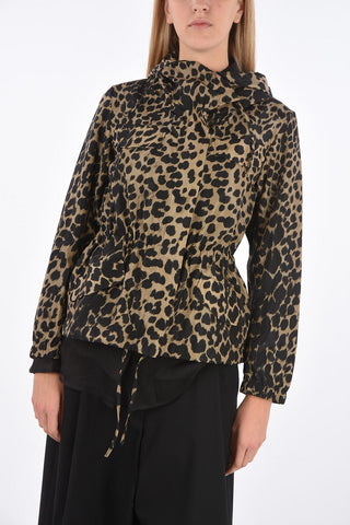 Leopard Print Short Windbreaker with Hood and Drawstring