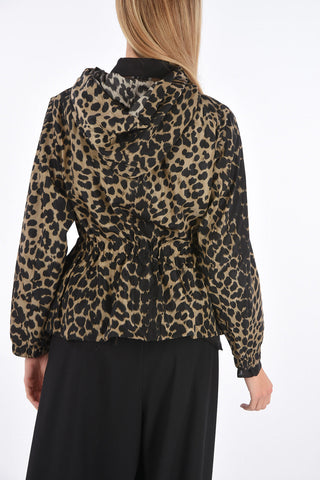 Leopard Print Short Windbreaker with Hood and Drawstring