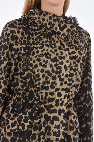 Leopard Print Short Windbreaker with Hood and Drawstring