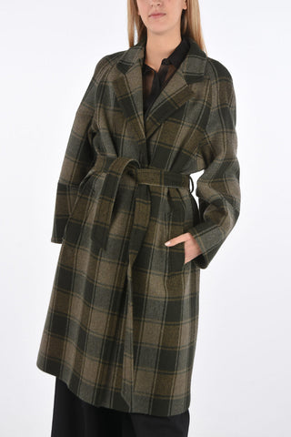 Cappotto Plaid Check con Abbottonatura Nascosta e Cintura