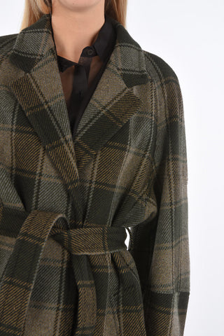 Cappotto Plaid Check con Abbottonatura Nascosta e Cintura