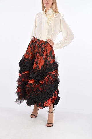 Floral Patterned Midi Skirt with Polka Dot Flounces