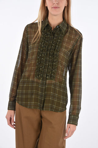 Plaid Check Ruffle Front Shirt with Hidden Buttoning