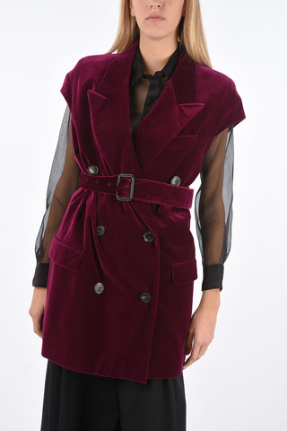 Gilet Lungo Doppiopetto in Velluto con Cintura