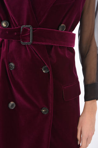 Gilet Lungo Doppiopetto in Velluto con Cintura