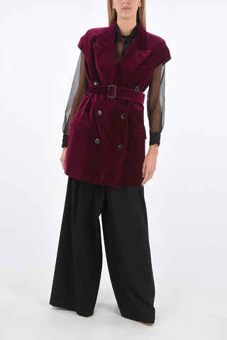 Gilet Lungo Doppiopetto in Velluto con Cintura