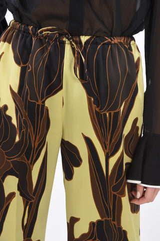Wide Leg Floral Patterned Silk Pants