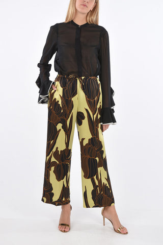 Wide Leg Floral Patterned Silk Pants