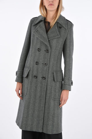 Double-breasted Herringbone Coat with Patch Flap Pockets