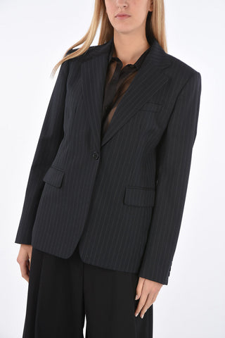 Pinstriped Single-breasted Blazer with Flap Pockets