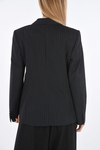 Pinstriped Single-breasted Blazer with Flap Pockets