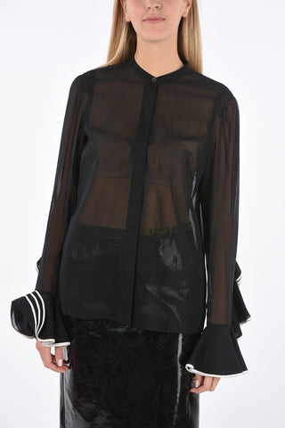 Cotton Mandarin Collar Shirt with Ruffled Sleeves Bottom