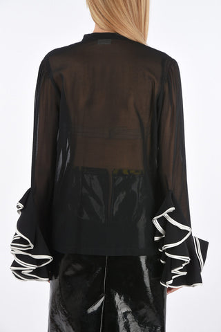 Cotton Mandarin Collar Shirt with Ruffled Sleeves Bottom