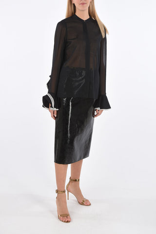 Cotton Mandarin Collar Shirt with Ruffled Sleeves Bottom