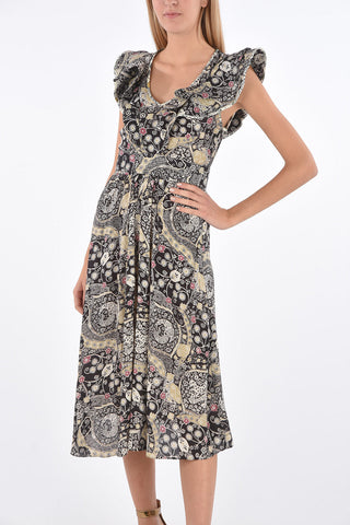 Vestito Midi con Fantasia Floreale e Scollo a V