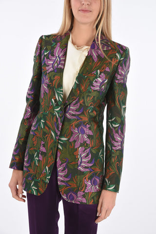 Single-breasted Jacquard Blazer with Floral Pattern and Covered Buttons