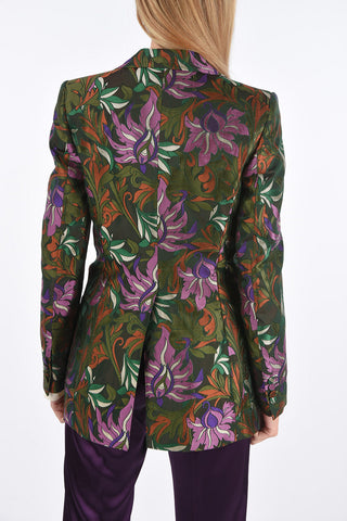 Single-breasted Jacquard Blazer with Floral Pattern and Covered Buttons