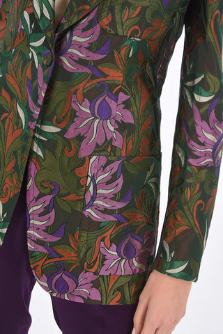 Single-breasted Jacquard Blazer with Floral Pattern and Covered Buttons