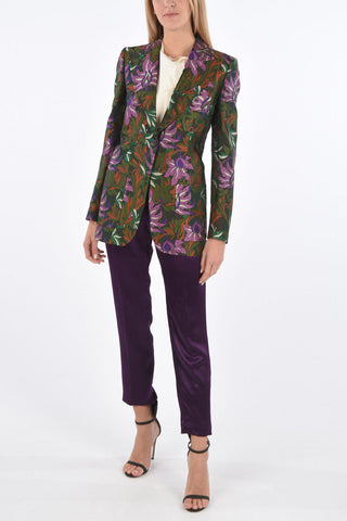 Single-breasted Jacquard Blazer with Floral Pattern and Covered Buttons