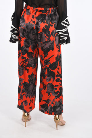 Wide Leg Floral Patterned Silk Pants