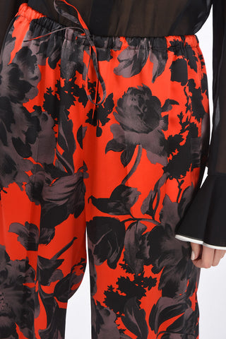 Wide Leg Floral Patterned Silk Pants