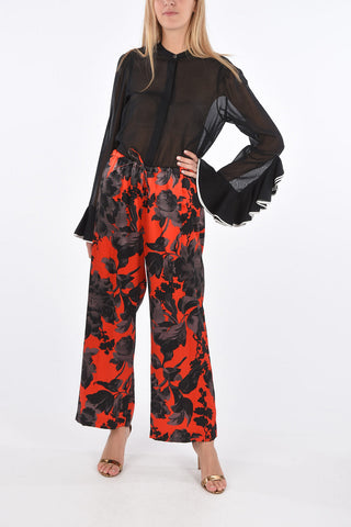 Wide Leg Floral Patterned Silk Pants