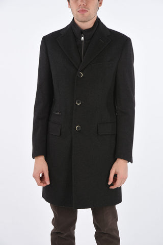ID Notch Lapel Coat with Zip and Buttons Double Closure