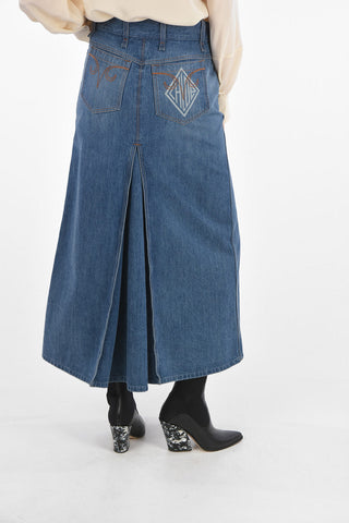 Denim Long Skirt with Front Split and Embroideried Details