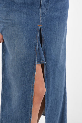 Denim Long Skirt with Front Split and Embroideried Details