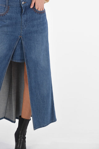 Denim Long Skirt with Front Split and Embroideried Details