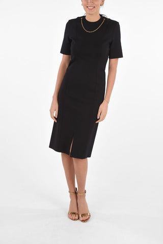 Short-sleeved Stretch Sheath Dress with Back Zip and Metal Details