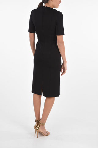 Short-sleeved Stretch Sheath Dress with Back Zip and Metal Details