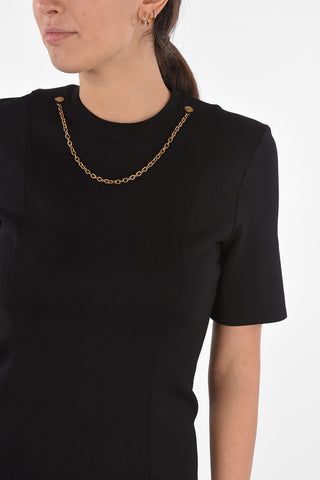Short-sleeved Stretch Sheath Dress with Back Zip and Metal Details