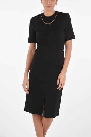 Short-sleeved Stretch Sheath Dress with Back Zip and Metal Details
