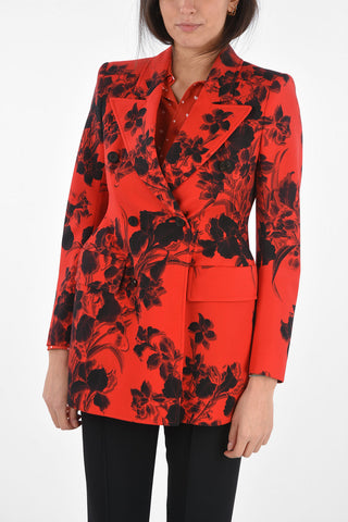 Double-breasted Floral Patterned Blazer with Peak Lapel