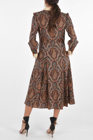 Floral Patterned Wool Dress with Pleated Skirt