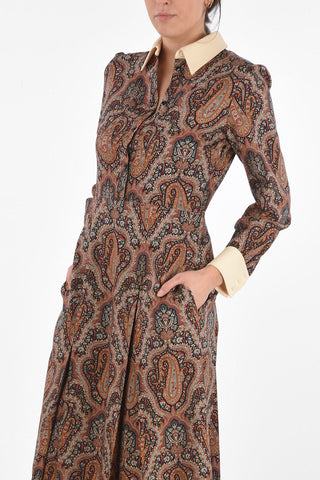 Floral Patterned Wool Dress with Pleated Skirt