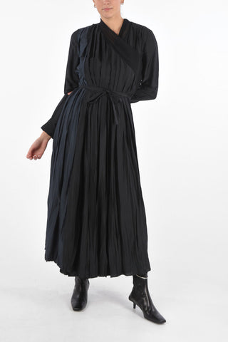 Two Tone Crossed Long Dress with Pleated Skirt