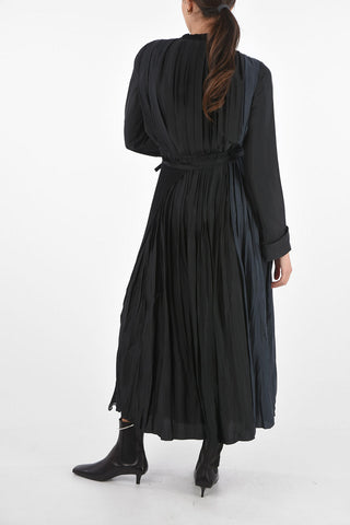 Two Tone Crossed Long Dress with Pleated Skirt