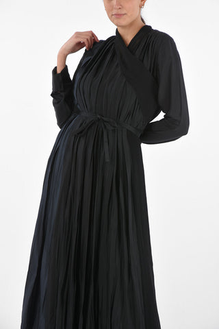 Two Tone Crossed Long Dress with Pleated Skirt