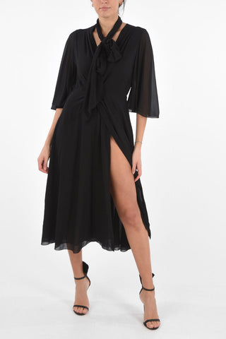 Silk Tie Neck Dress with Butterfly Sleeves