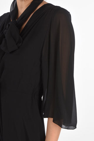 Silk Tie Neck Dress with Butterfly Sleeves