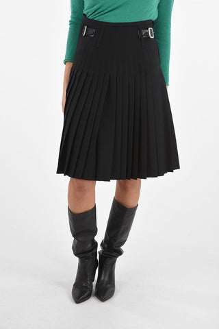 Front Pleated Midi Skirt with Buckle and Leather Details